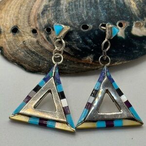 Navajo Earrings Triangles Signed Vintage Turquoise Lapis Sterling